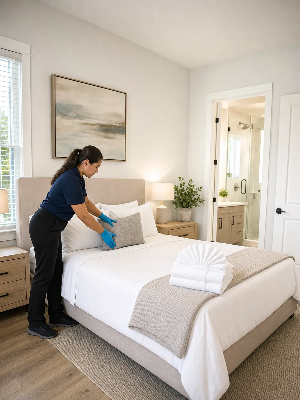 Vacation rental turnover: a cleaner smoothing a cushion on a freshly made bed with crisp white hotel linen and a fan of folded towels at the foot of the bed