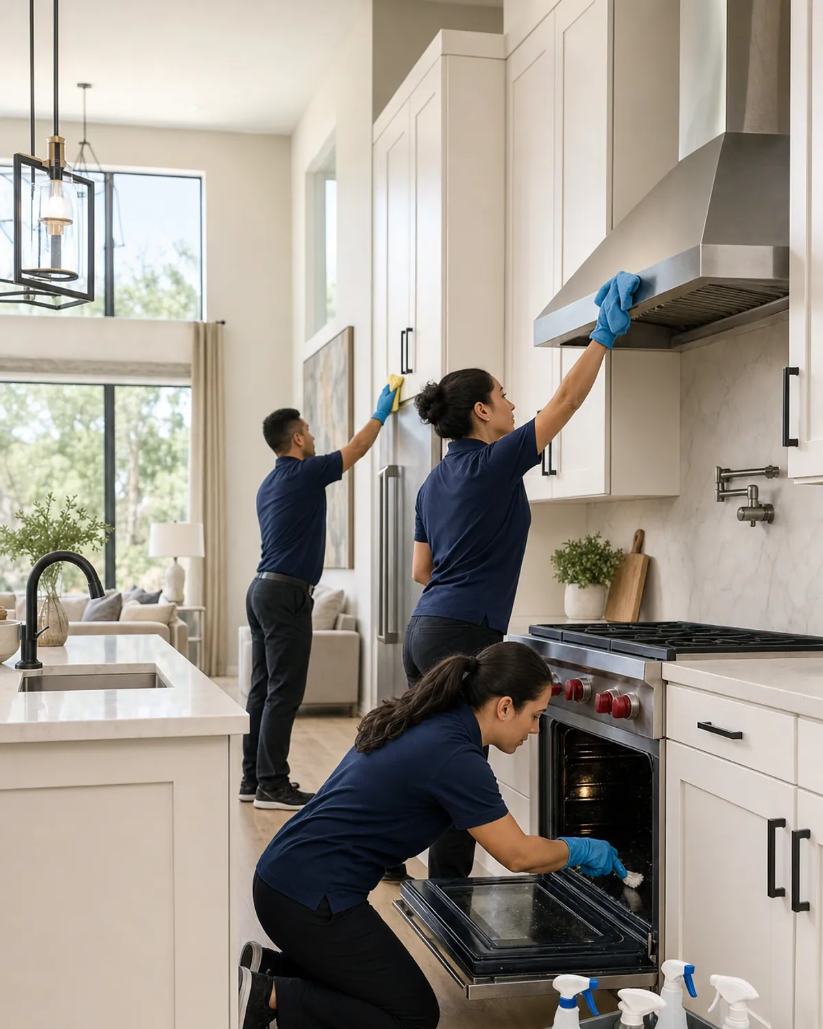 Deep cleaning in a luxury Orlando kitchen: one cleaner kneeling to scrub the inside of the oven, one wiping the range hood, one reaching the top of the tall cabinets